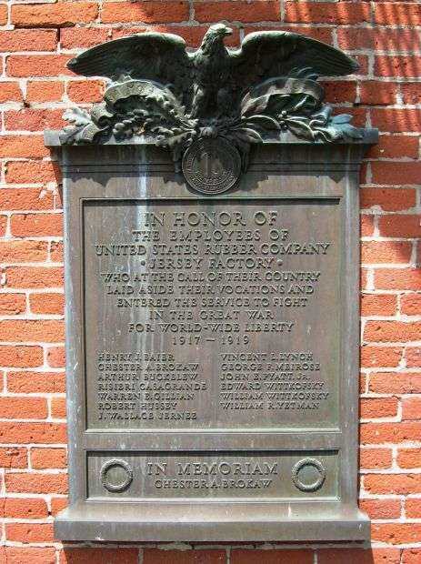 UNITED STATES RUBBER COMPANY JERSEY FACTORY EMPLOYEES GREAT WAR MEMORIAL PLAQUE