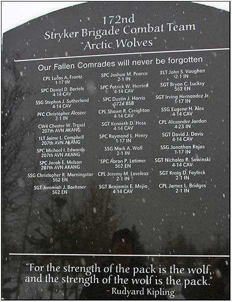 172ND STRYKER BRIGADE COMBAT TEAM “ARCTIC WOLVES” WAR MEMORIAL
