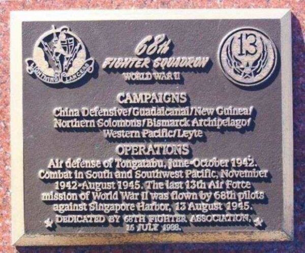 68TH FIGHTER SQUADRON WAR MEMORIAL PLAQUE