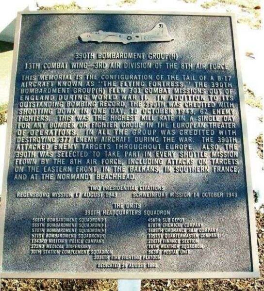 390TH BOMBARDMENT GROUP (H) WAR MEMORIAL PLAQUE A
