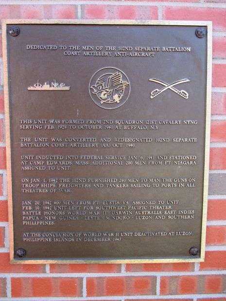 102ND SEPERATE BATTALION COAST ARTILLERY ANTI-ARICRAFT WAR MEMORIAL PLAQUE