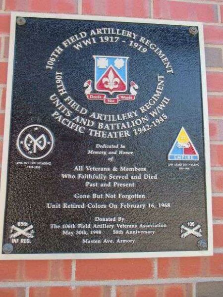 106TH FIELD ARTILLERY REGIMENT WAR MEMORIAL PLAQUE