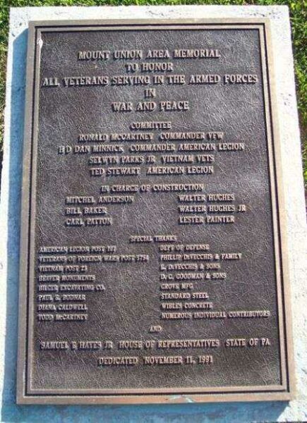 MOUNT UNION AREA VETERANS MEMORIAL PLAQUE A