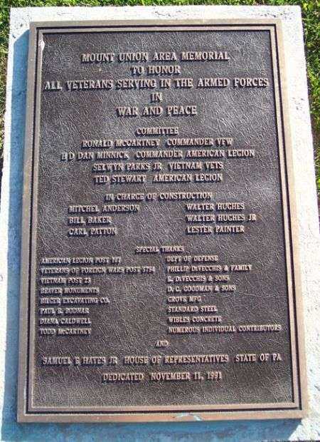 MOUNT UNION AREA VETERANS MEMORIAL PLAQUE A
