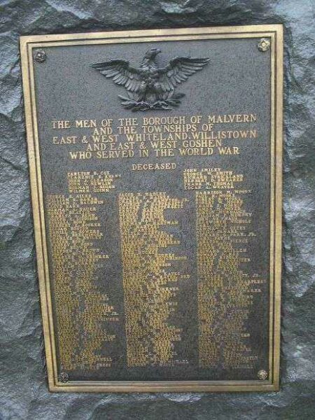 MALVERN AREA WORLD WAR I MEMORIAL PLAQUE