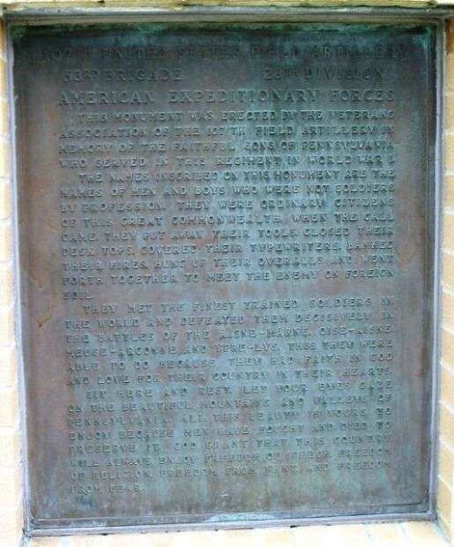 107TH UNITED STATES FIELD ARTILLERY WAR MEMORIAL PLAQUE A