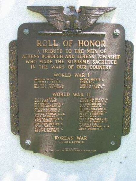 ATHENS BOROUGH AND ATHENS TOWNSHIP WAR MEMORIAL PLAQUE