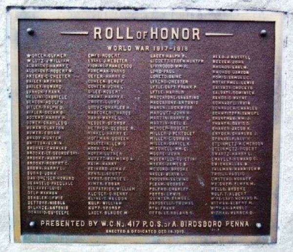 BIRDSBORO WORLD WAR I MEMORIAL PLAQUE