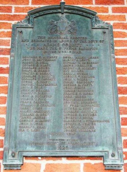 ADAMS COUNTY WORLD WAR MEMORIAL PLAQUE