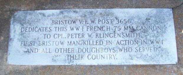 CPL. PETER W. KLINGERSMITH WAR MEMORIAL CANNON DEDICATION STONE