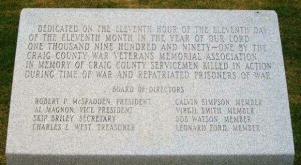CRAIG COUNTY WAR VETERANS MEMORIAL DEDICATION STONE