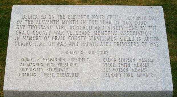 CRAIG COUNTY WAR VETERANS MEMORIAL DEDICATION STONE