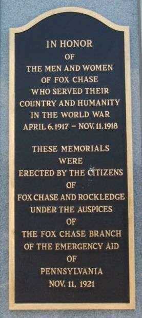 FOX CHASE WORLD WAR MEMORIAL PILLARS PLAQUE A