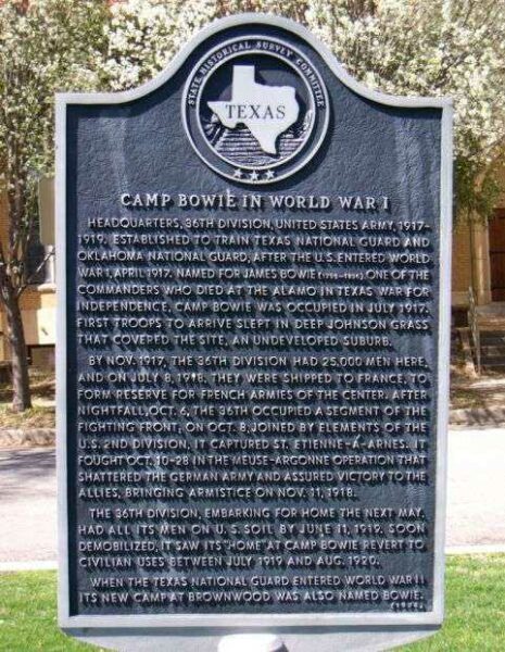 CAMP BOWIE IN WORLD WAR I MEMORIAL MARKER