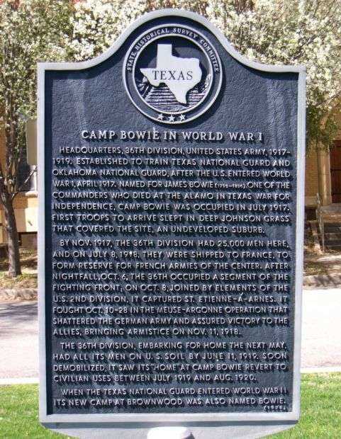 CAMP BOWIE IN WORLD WAR I MEMORIAL MARKER