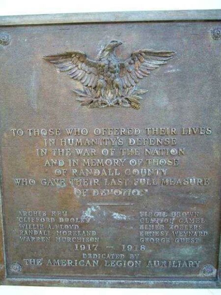 RANDALL COUNTY WORLD WAR I MEMORIAL PLAQUE