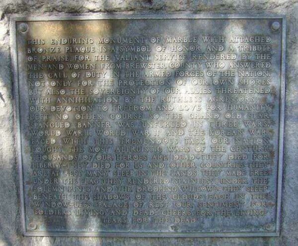 BREWSTER COUNTY WAR VETERANS MEMORIAL PLAQUE