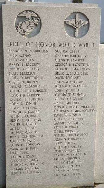 WILLAMSBURG COUNTY WAR MEMORIAL HONOR ROLL STONE B