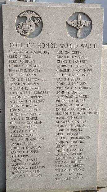 WILLAMSBURG COUNTY WAR MEMORIAL HONOR ROLL STONE B