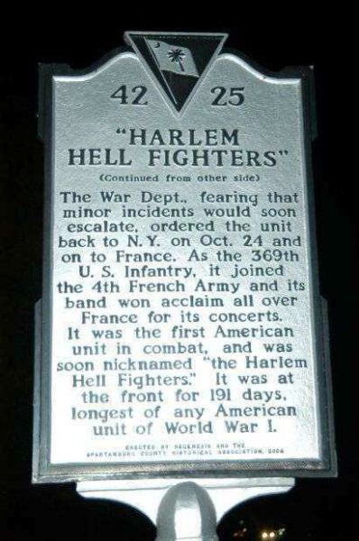 “HARLEM HELL FIGHTERS” WAR MEMORIAL MARKER BACK