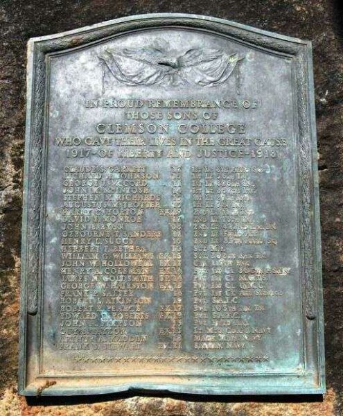 CLEMSON COLLEGE WORLD WAR I MEMORIAL PLAQUE