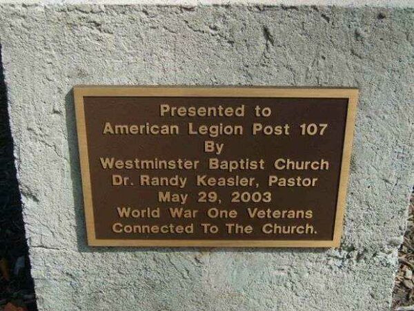 WESTMINSTER FIRST BAPTIST CHURCH WORLD WAR I MEMORIAL PLAQUE