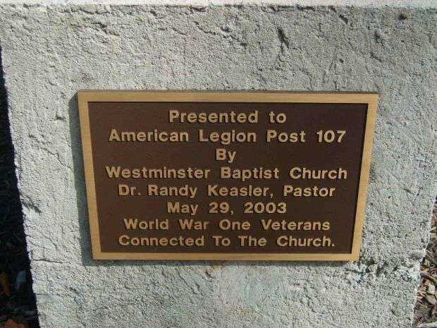 WESTMINSTER FIRST BAPTIST CHURCH WORLD WAR I MEMORIAL PLAQUE