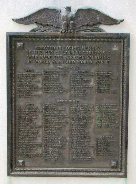 LAURENS COUNTY WORLD WAR I AND WORLD WAR II MEMORIAL PLAQUE