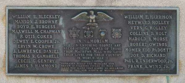 MATHEWS MILL WAR VETERANS MEMORIAL PLAQUE A