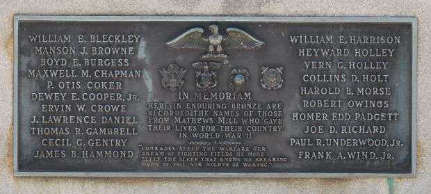MATHEWS MILL WAR VETERANS MEMORIAL PLAQUE A