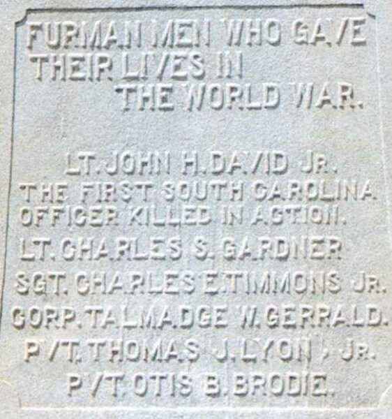 FURMAN UNIVERSITY WORLD WAR MEMORIAL HONOR ROLL
