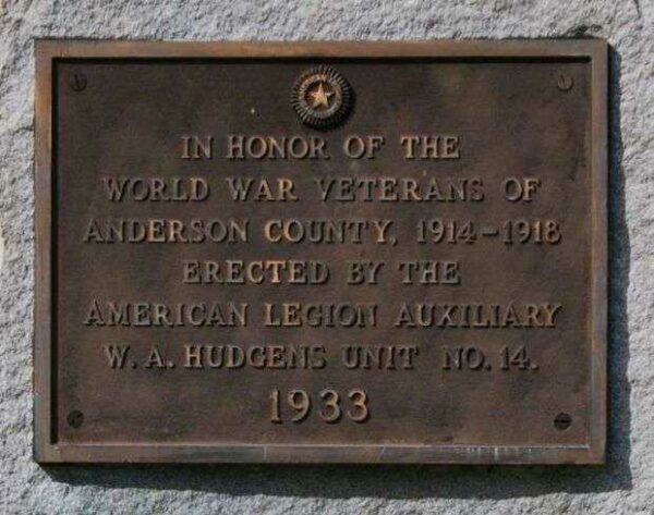 ANDERSON COUNTY WORLD WAR I VETERANS MEMORIAL PLAQUE