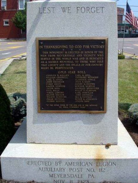 MEYERSDALE WORLD WAR I MEMORIAL PLAQUE