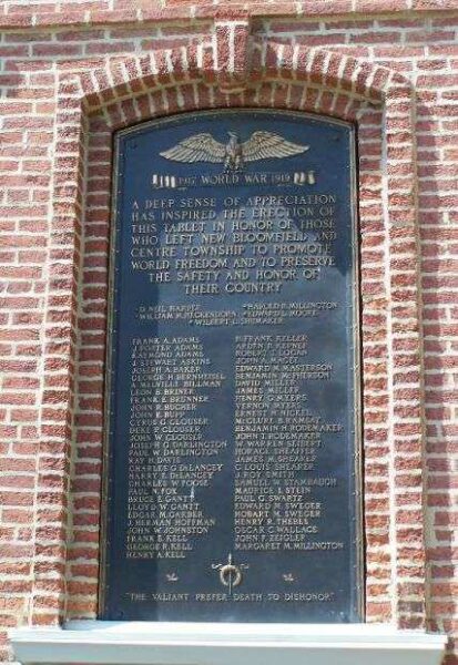 NEW BLOOMFIELD AND CENTRE TOWNSHIP WORLD WAR MEMORIAL PLAQUE