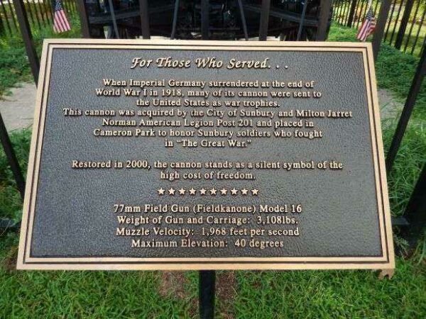 SUNBURY “THE GREAT WAR” MEMORIAL CANNON PLAQUE