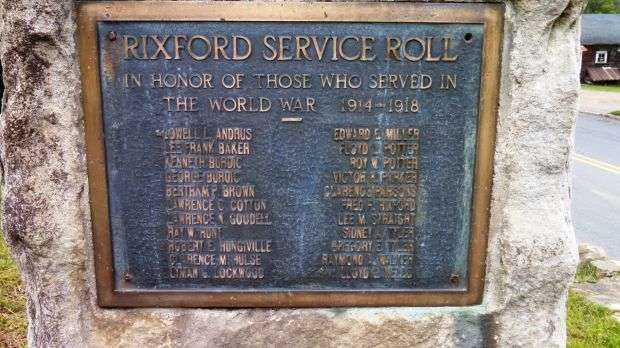 RIXFORD WORLD WAR MEMORIAL PLAQUE
