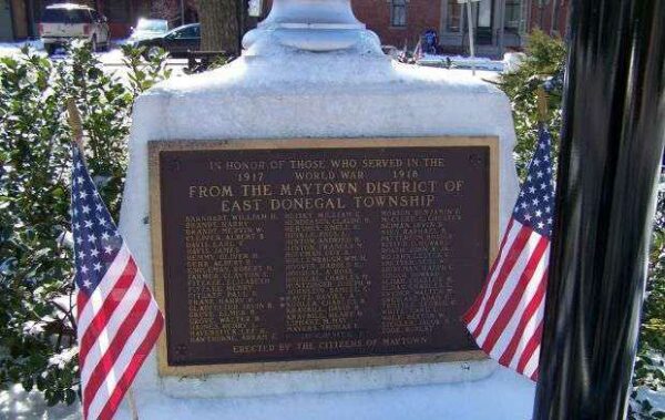 MAYTOWN DISTRICT OF EAST DONEGAL TOWNSHIP WORLD WAR MEMORIAL FLAGPOLE PLAQUE