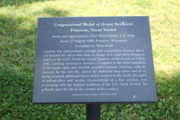 OSCAR VERNER PETERSON MEDAL OF HONOR MEMORIAL PLAQUE