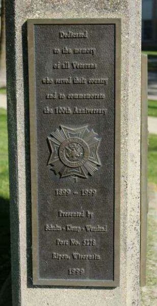 RIPON AMERICAN LEGION 100TH ANNIVERSARY VETERANS MEMORIAL PLAQUE