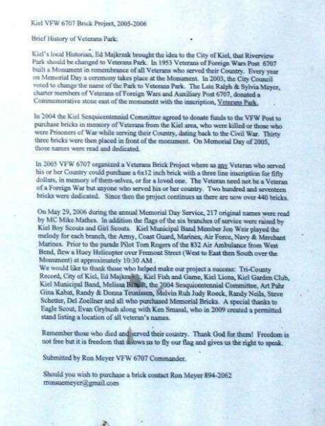 KIEL VETERANS MEMORIAL NARRATIVE