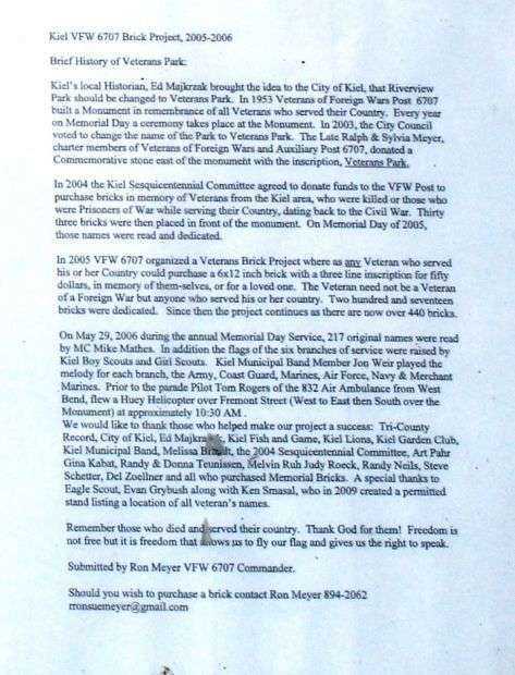 KIEL VETERANS MEMORIAL NARRATIVE