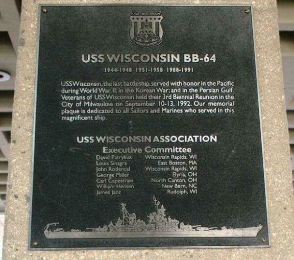 USS WISCONSIN BB-64 MEMORIAL PLAQUE
