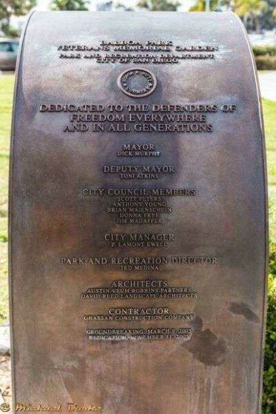 BALBOA PARK VETERANS MEMORIAL GARDEN PLAQUE