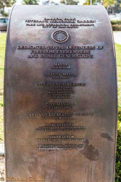 BALBOA PARK VETERANS MEMORIAL GARDEN PLAQUE