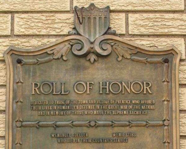 PRENTICE WORLD WAR I ROLL OF HONOR MEMORIAL TOP