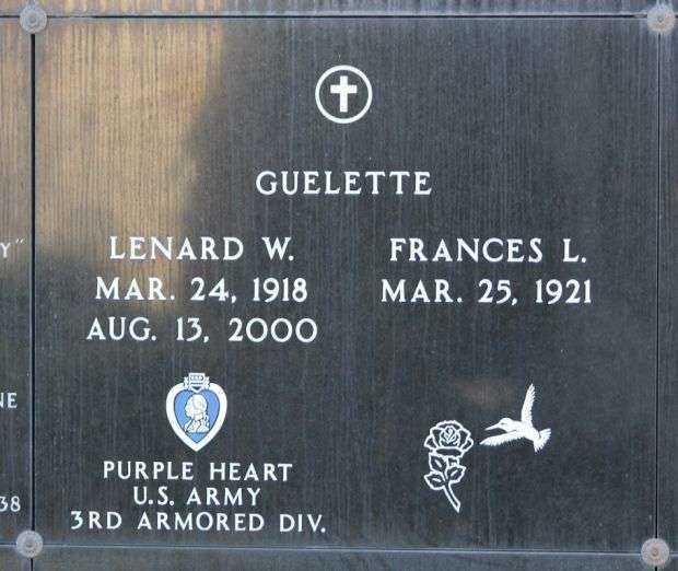 LENARD W. GUELETTE WAR MEMORIAL PLAQUE