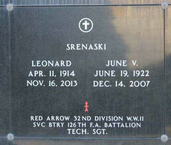 LEONARD SRENASKI WAR MEMORIAL PLAQUE