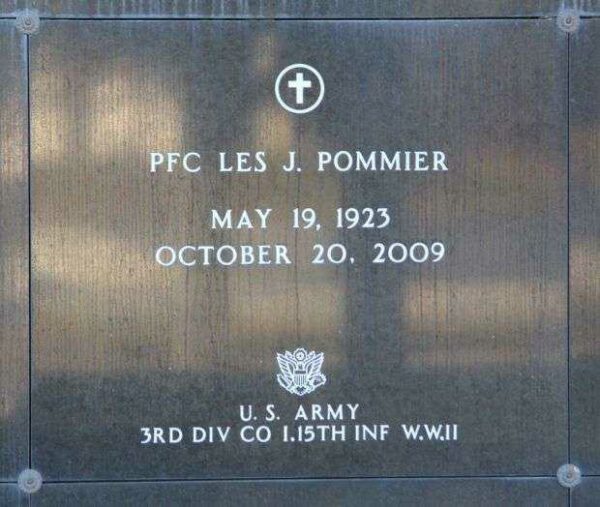PFC LES J. POMMIER WAR MEMORIAL PLAQUE
