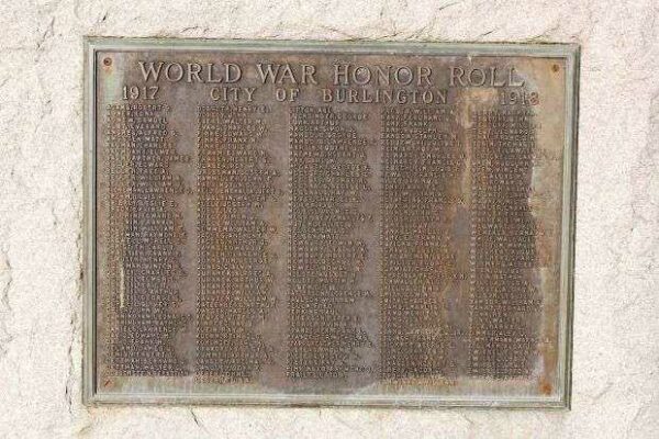 CITY OF BURLINGTON WORLD WAR HONOR ROLL MEMORIAL PLAQUE