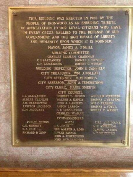 IRONWOOD MEMORIAL BUILDING PLAQUE
